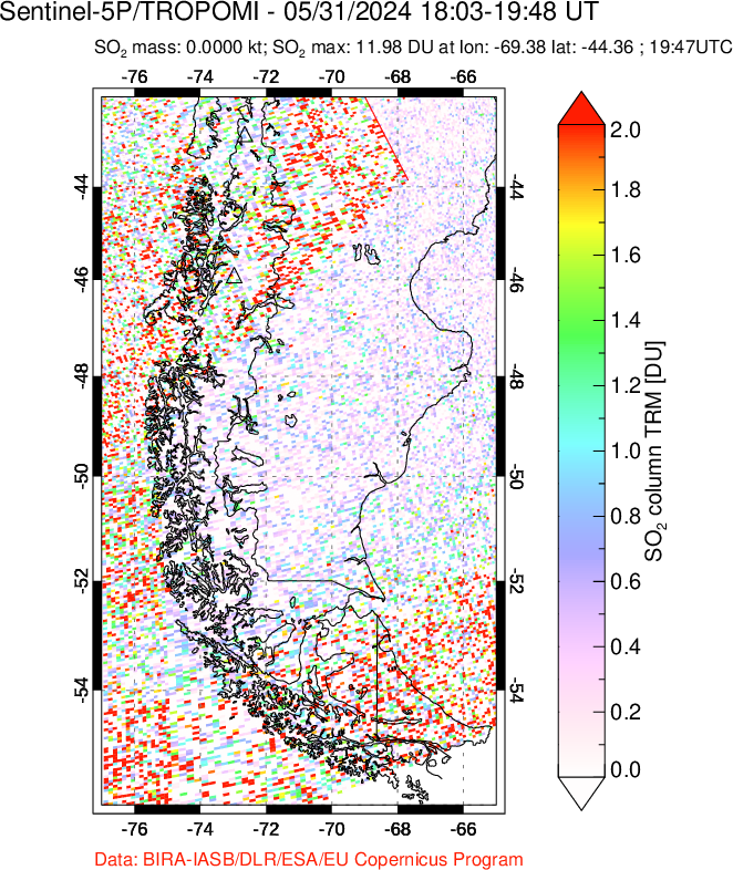 A sulfur dioxide image over Southern Chile on May 31, 2024.