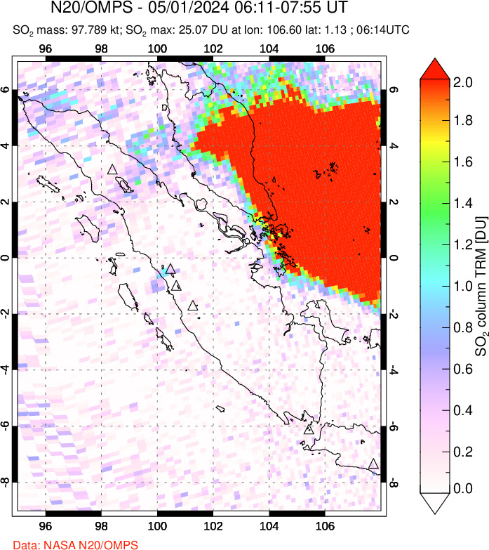 A sulfur dioxide image over Sumatra, Indonesia on May 01, 2024.