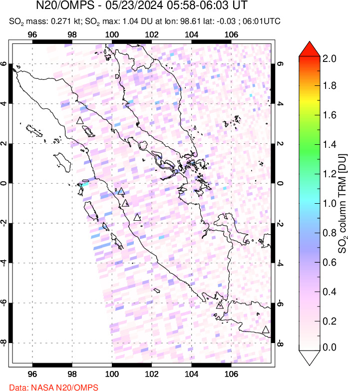 A sulfur dioxide image over Sumatra, Indonesia on May 23, 2024.