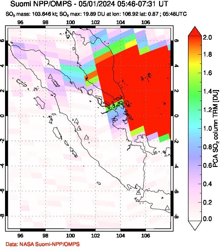 A sulfur dioxide image over Sumatra, Indonesia on May 01, 2024.