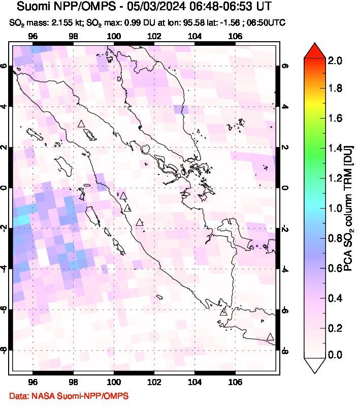 A sulfur dioxide image over Sumatra, Indonesia on May 03, 2024.