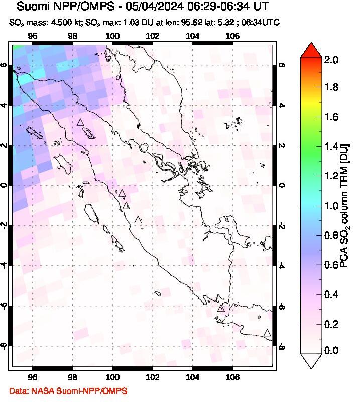 A sulfur dioxide image over Sumatra, Indonesia on May 04, 2024.