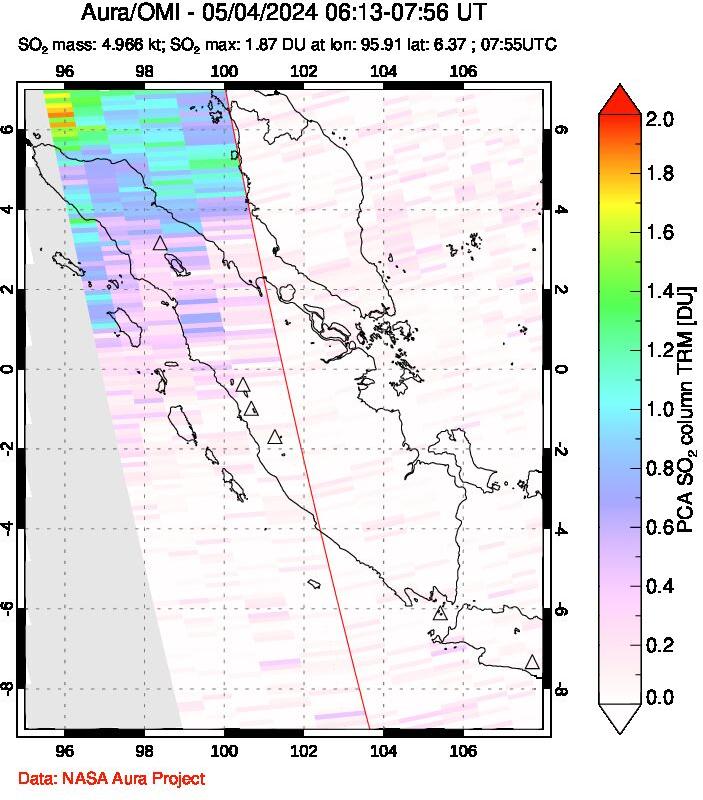 A sulfur dioxide image over Sumatra, Indonesia on May 04, 2024.