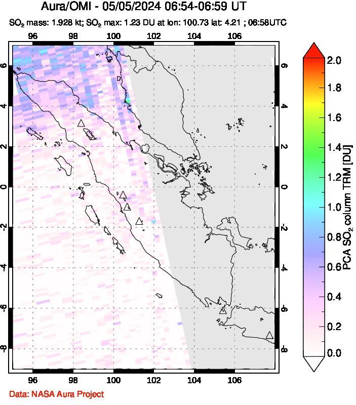 A sulfur dioxide image over Sumatra, Indonesia on May 05, 2024.