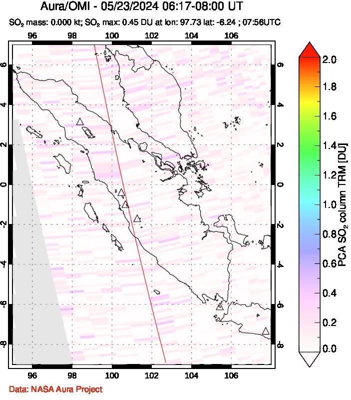 A sulfur dioxide image over Sumatra, Indonesia on May 23, 2024.