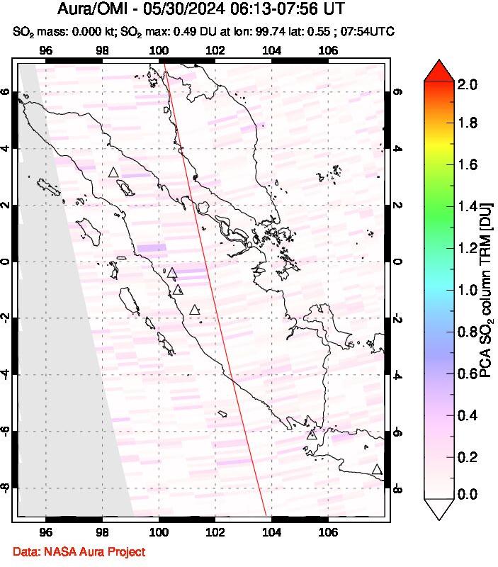 A sulfur dioxide image over Sumatra, Indonesia on May 30, 2024.