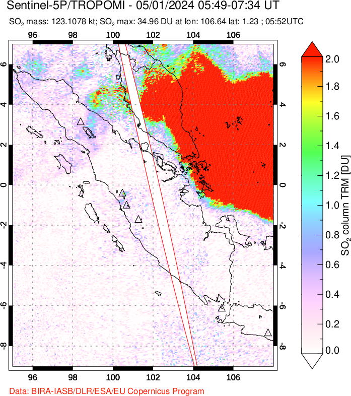 A sulfur dioxide image over Sumatra, Indonesia on May 01, 2024.
