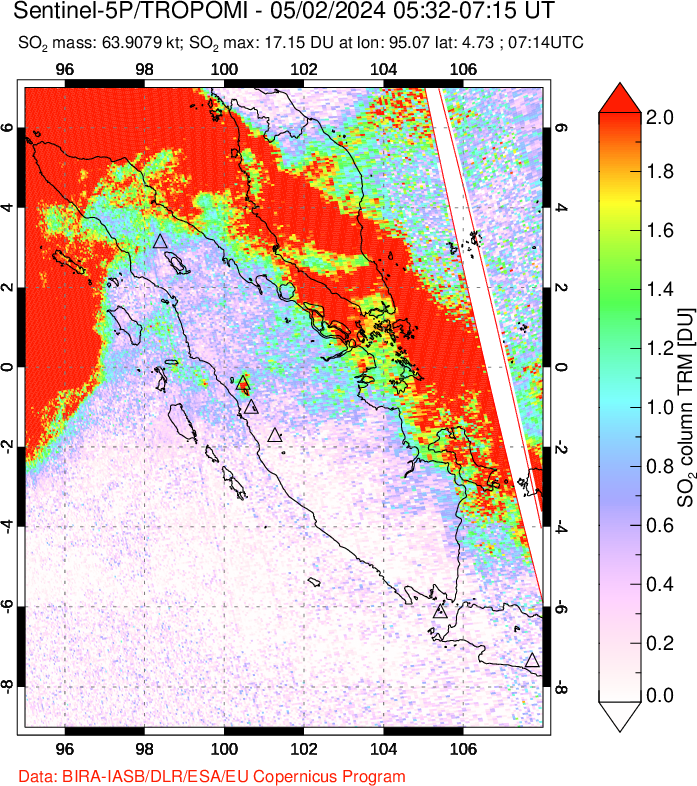 A sulfur dioxide image over Sumatra, Indonesia on May 02, 2024.