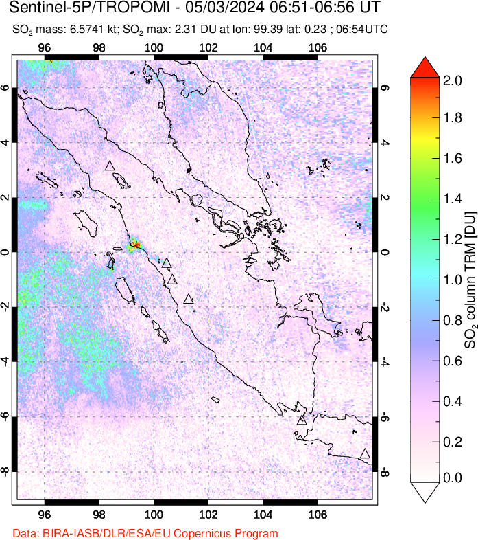 A sulfur dioxide image over Sumatra, Indonesia on May 03, 2024.