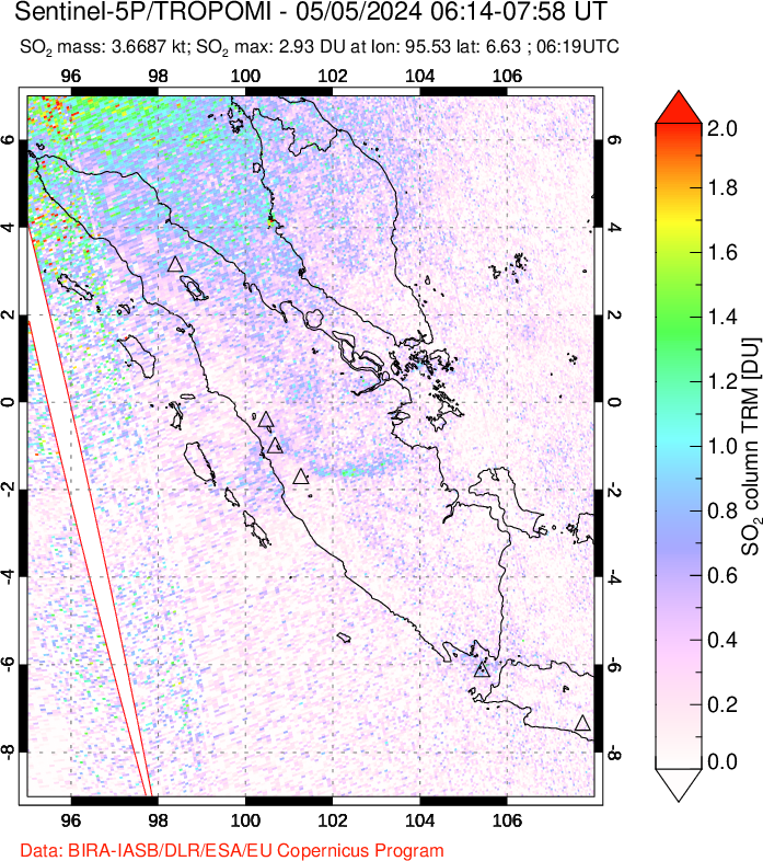 A sulfur dioxide image over Sumatra, Indonesia on May 05, 2024.