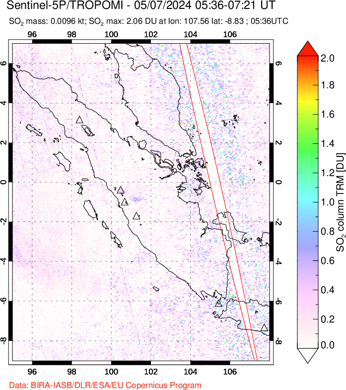 A sulfur dioxide image over Sumatra, Indonesia on May 07, 2024.