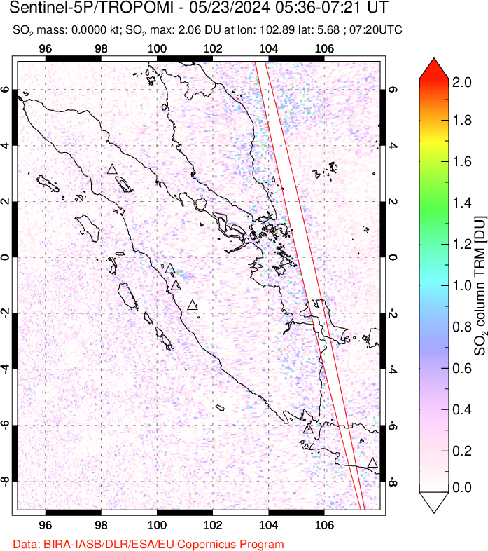 A sulfur dioxide image over Sumatra, Indonesia on May 23, 2024.