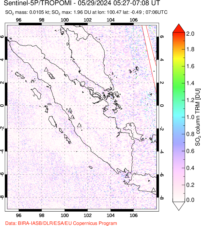 A sulfur dioxide image over Sumatra, Indonesia on May 29, 2024.