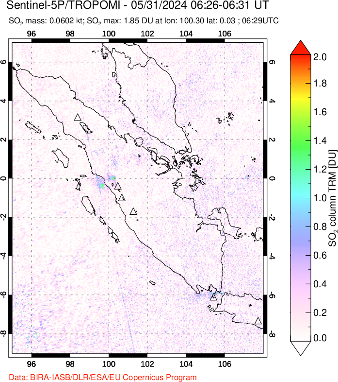 A sulfur dioxide image over Sumatra, Indonesia on May 31, 2024.