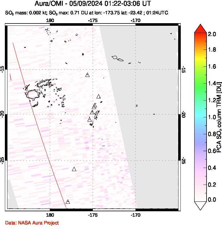 A sulfur dioxide image over Tonga, South Pacific on May 09, 2024.