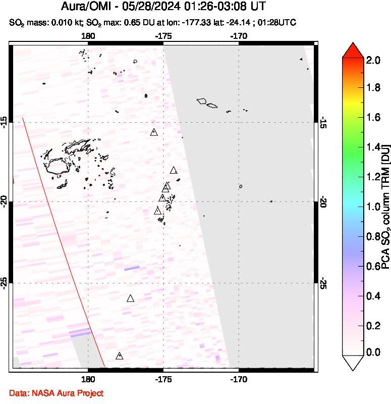 A sulfur dioxide image over Tonga, South Pacific on May 28, 2024.