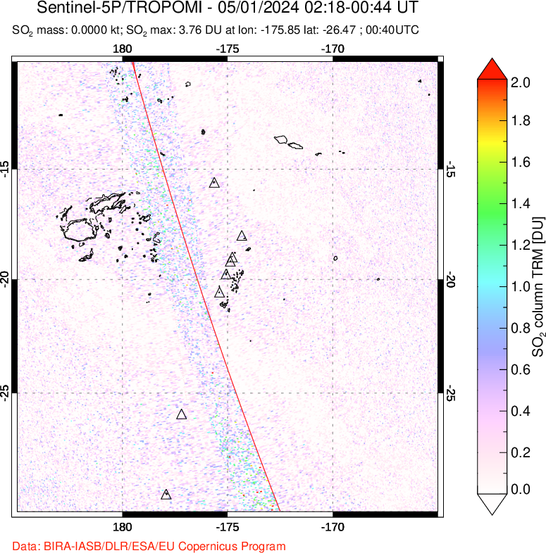 A sulfur dioxide image over Tonga, South Pacific on May 01, 2024.