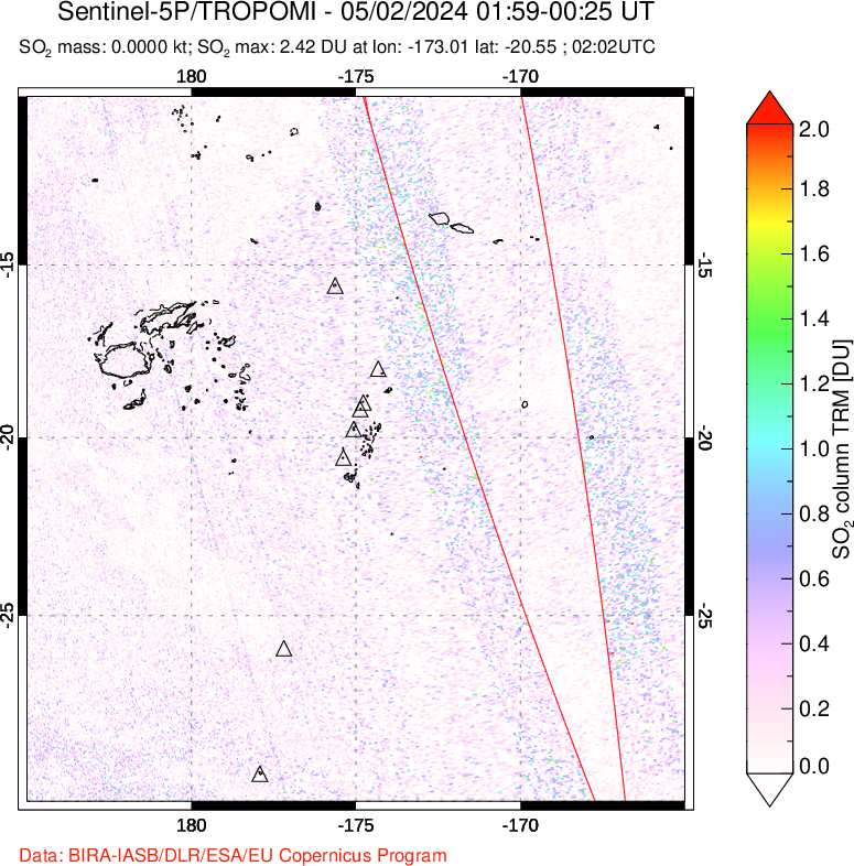 A sulfur dioxide image over Tonga, South Pacific on May 02, 2024.