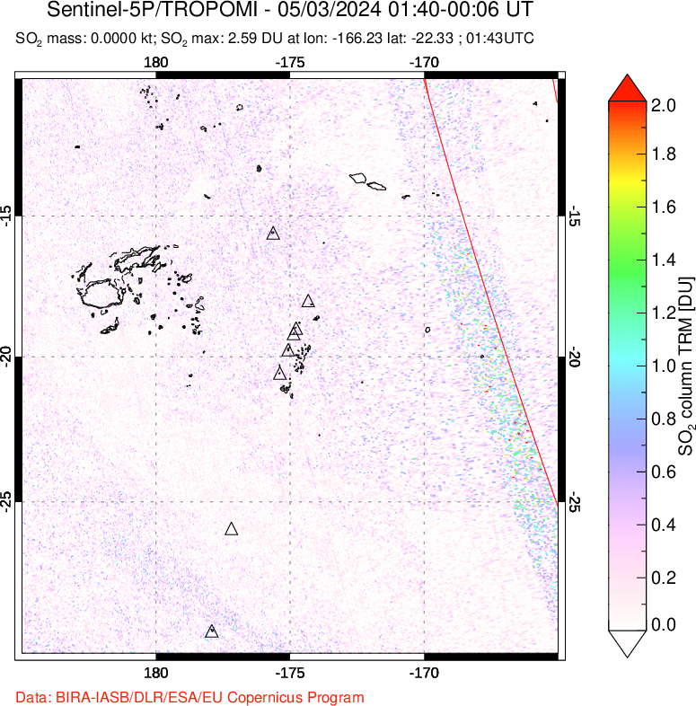 A sulfur dioxide image over Tonga, South Pacific on May 03, 2024.