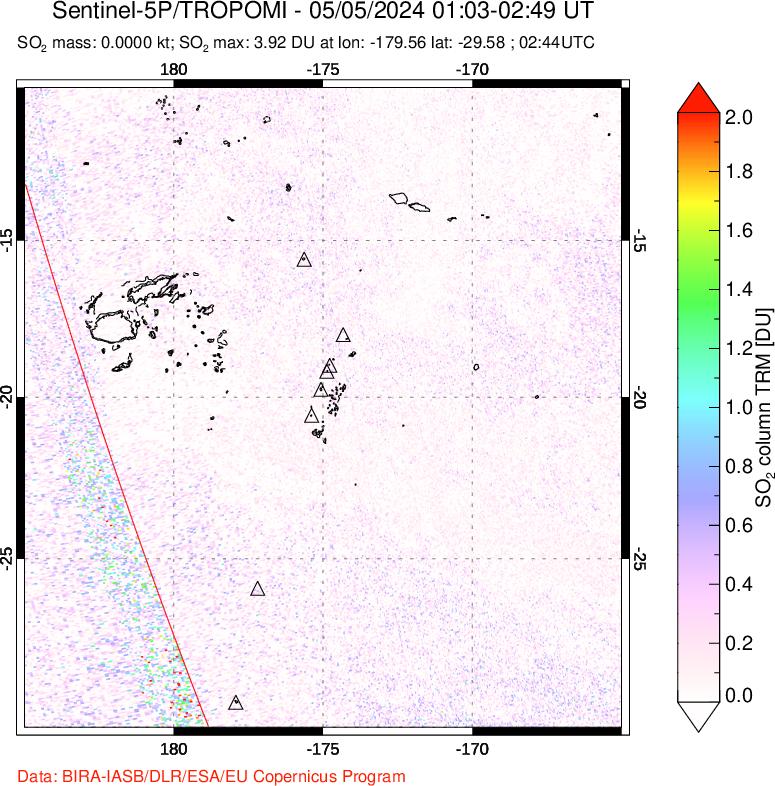 A sulfur dioxide image over Tonga, South Pacific on May 05, 2024.