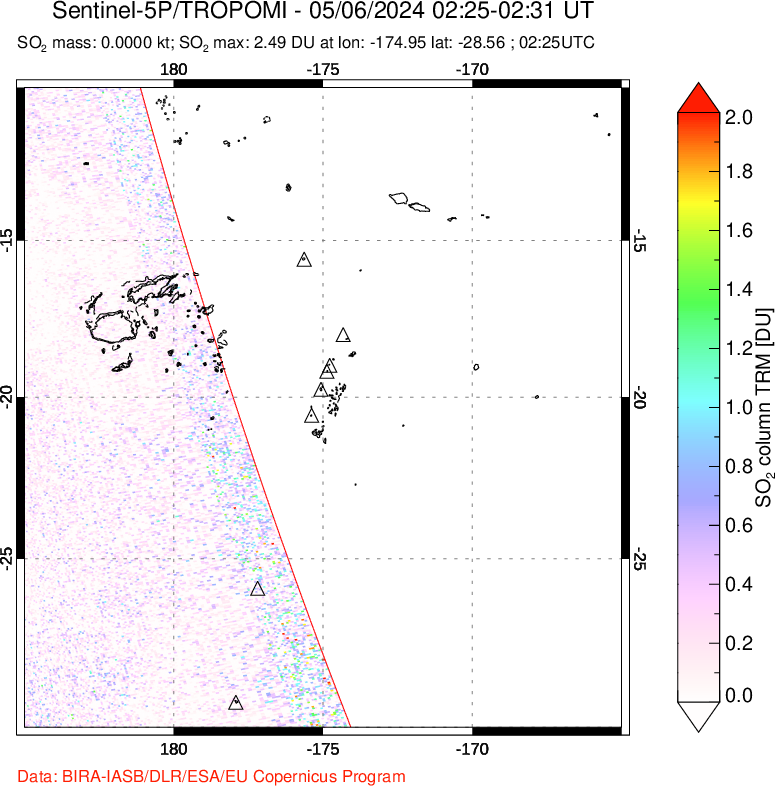 A sulfur dioxide image over Tonga, South Pacific on May 06, 2024.