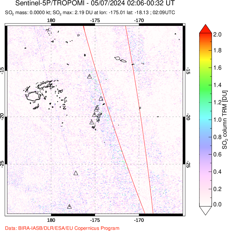 A sulfur dioxide image over Tonga, South Pacific on May 07, 2024.