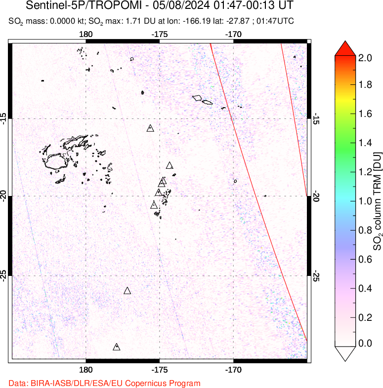 A sulfur dioxide image over Tonga, South Pacific on May 08, 2024.