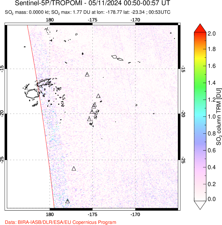 A sulfur dioxide image over Tonga, South Pacific on May 11, 2024.