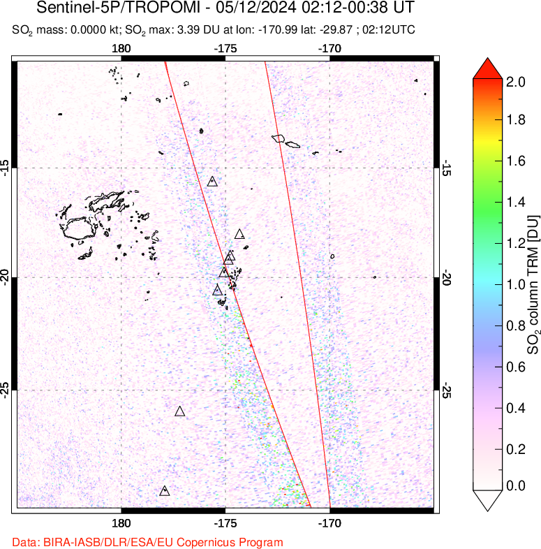 A sulfur dioxide image over Tonga, South Pacific on May 12, 2024.