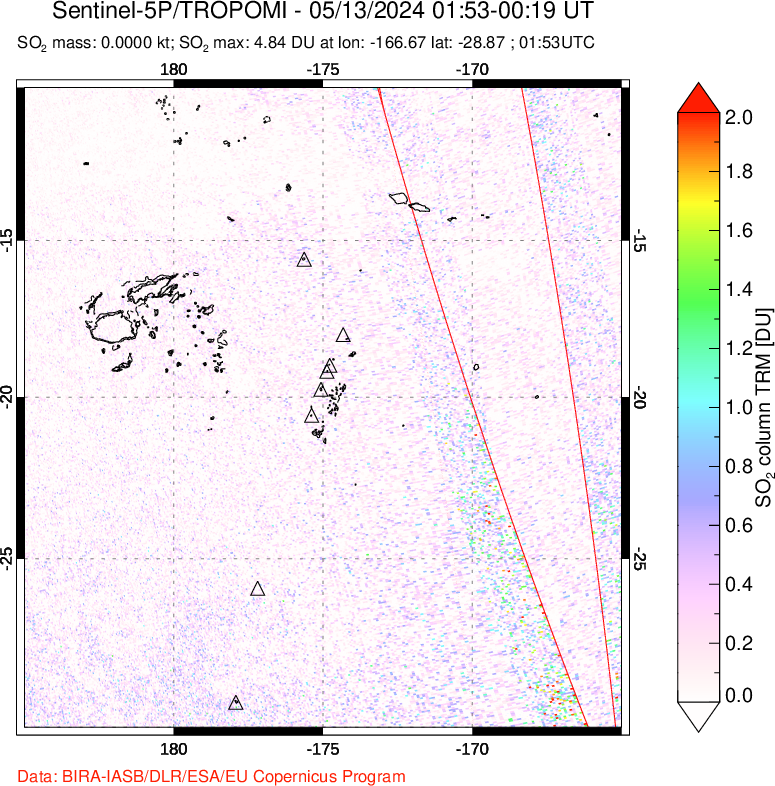 A sulfur dioxide image over Tonga, South Pacific on May 13, 2024.