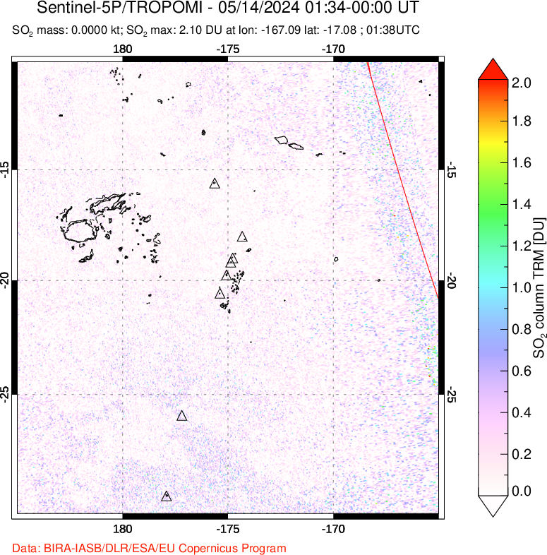 A sulfur dioxide image over Tonga, South Pacific on May 14, 2024.