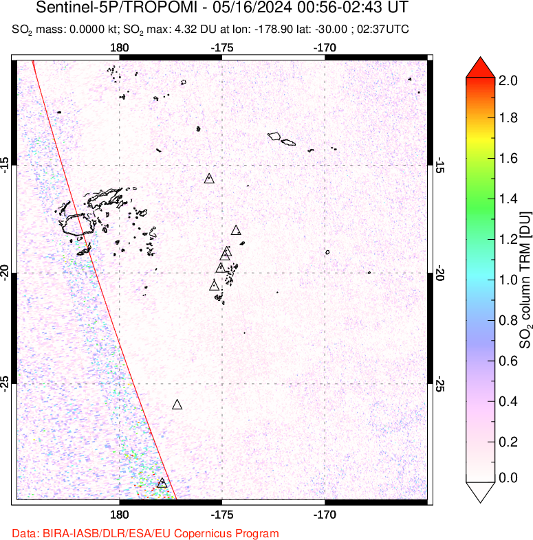 A sulfur dioxide image over Tonga, South Pacific on May 16, 2024.