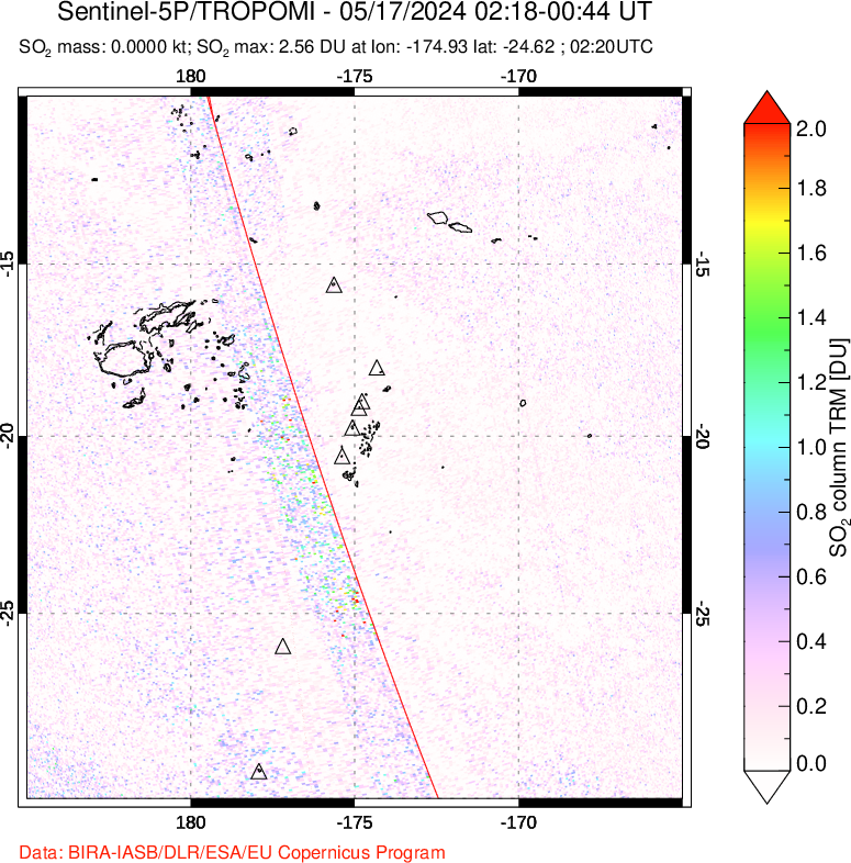 A sulfur dioxide image over Tonga, South Pacific on May 17, 2024.