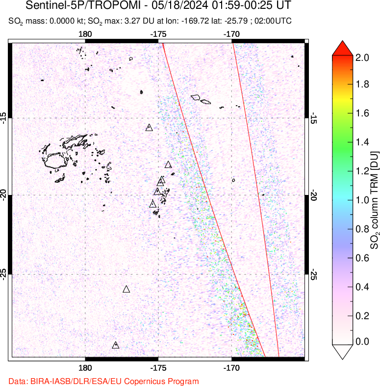 A sulfur dioxide image over Tonga, South Pacific on May 18, 2024.