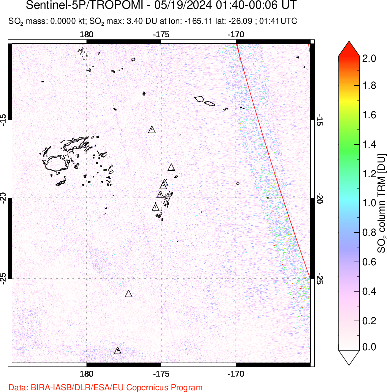 A sulfur dioxide image over Tonga, South Pacific on May 19, 2024.