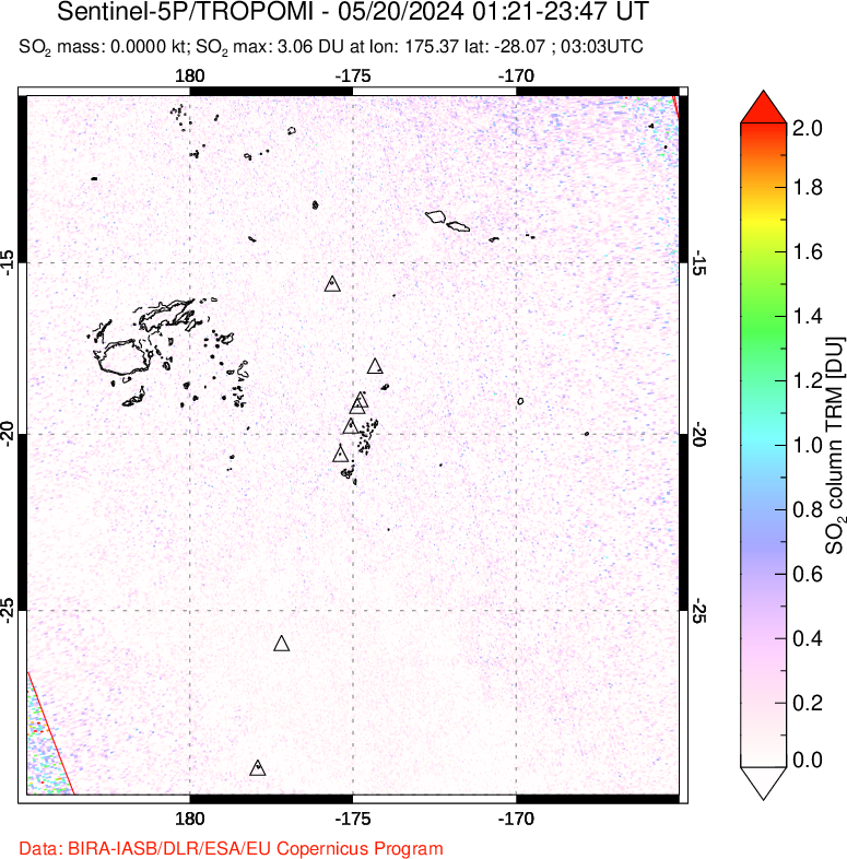 A sulfur dioxide image over Tonga, South Pacific on May 20, 2024.