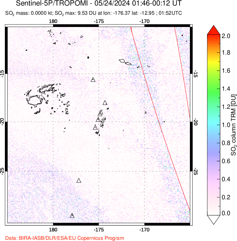 A sulfur dioxide image over Tonga, South Pacific on May 24, 2024.