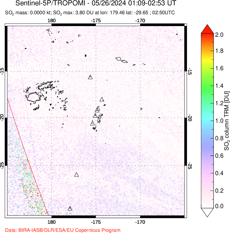 A sulfur dioxide image over Tonga, South Pacific on May 26, 2024.