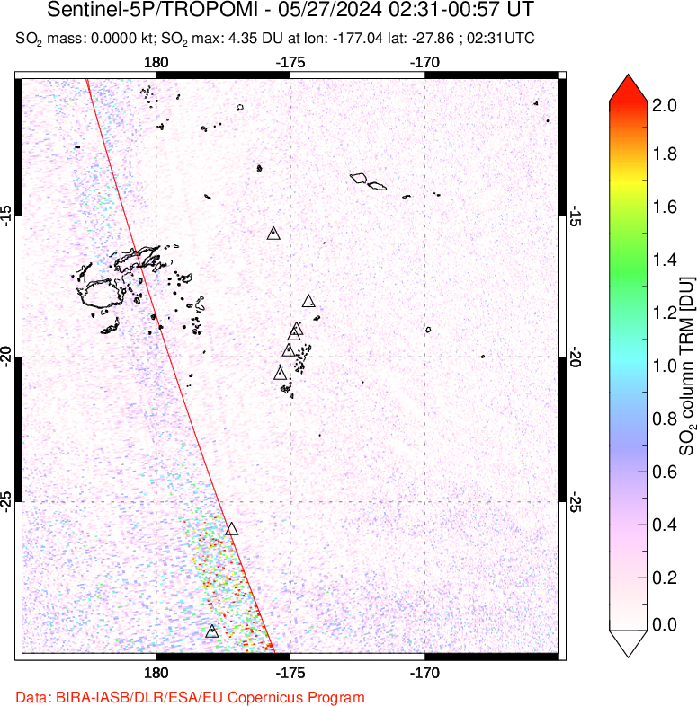 A sulfur dioxide image over Tonga, South Pacific on May 27, 2024.