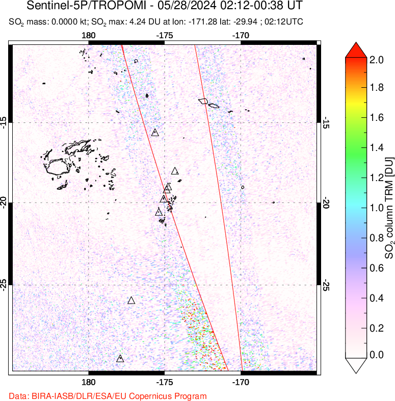 A sulfur dioxide image over Tonga, South Pacific on May 28, 2024.