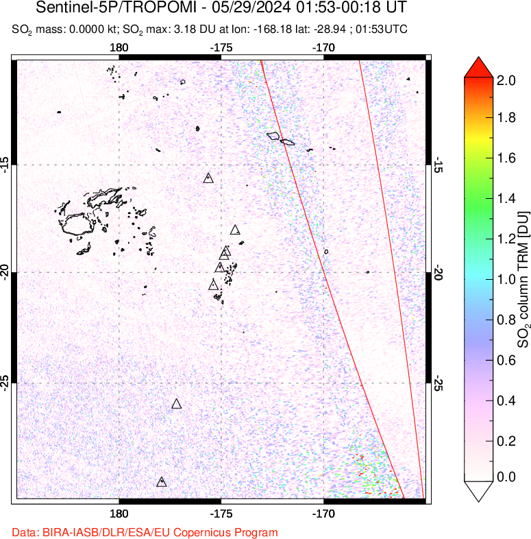 A sulfur dioxide image over Tonga, South Pacific on May 29, 2024.