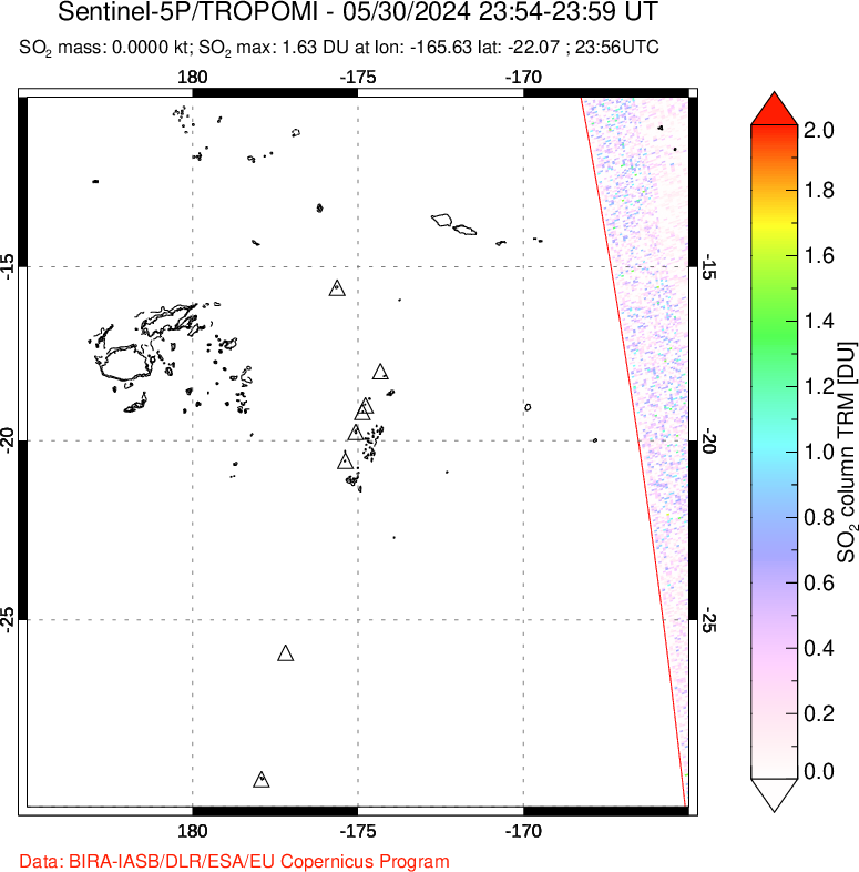 A sulfur dioxide image over Tonga, South Pacific on May 30, 2024.