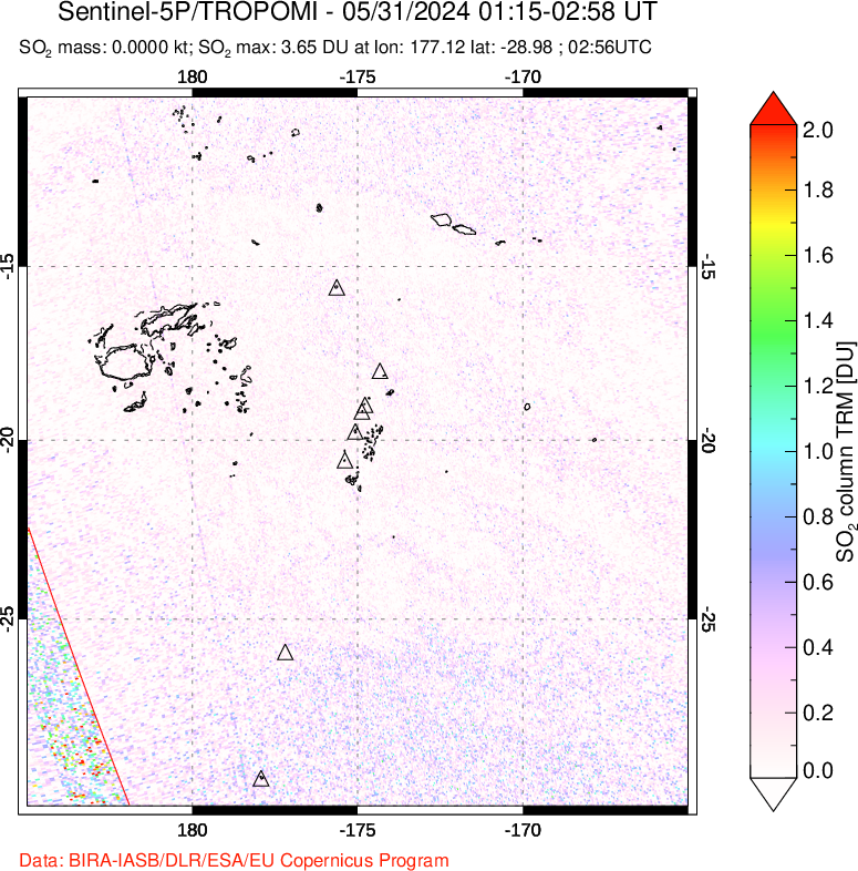 A sulfur dioxide image over Tonga, South Pacific on May 31, 2024.