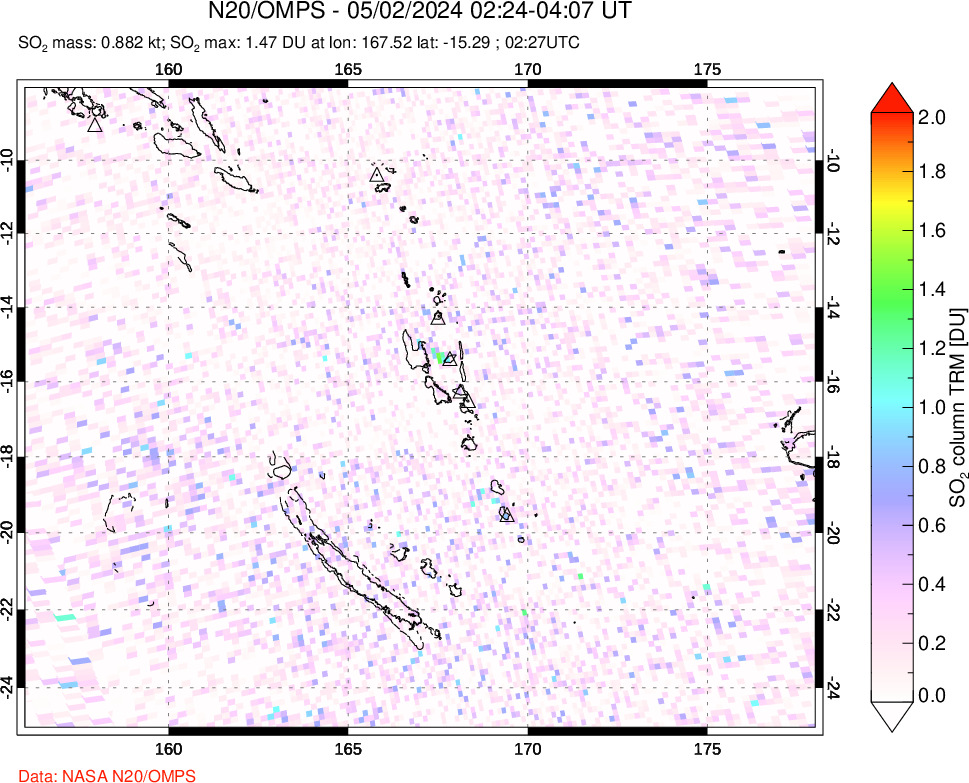 A sulfur dioxide image over Vanuatu, South Pacific on May 02, 2024.