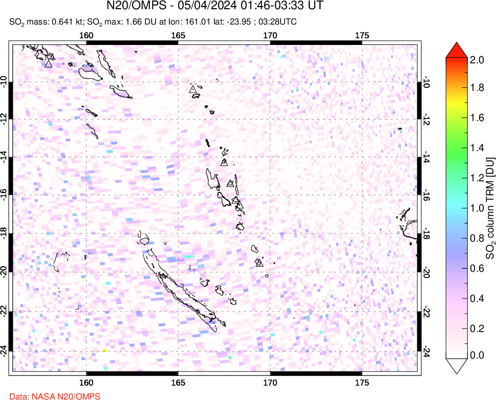 A sulfur dioxide image over Vanuatu, South Pacific on May 04, 2024.