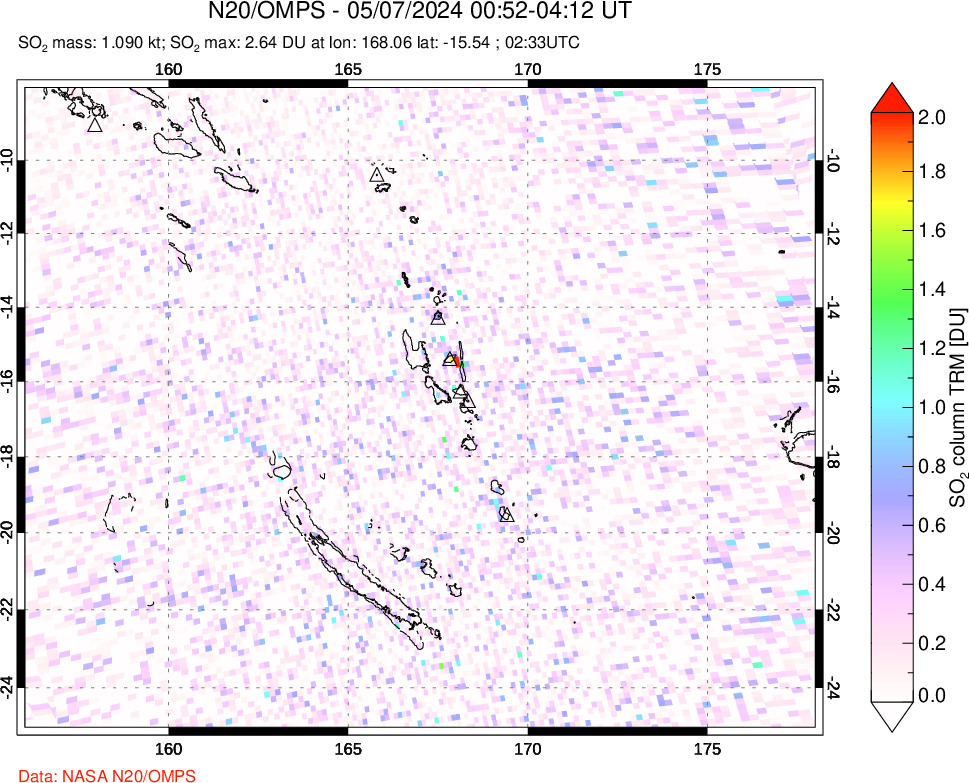 A sulfur dioxide image over Vanuatu, South Pacific on May 07, 2024.