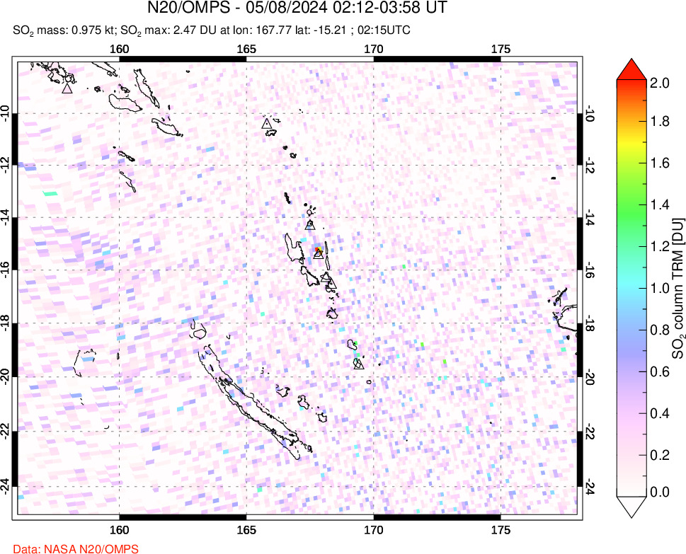 A sulfur dioxide image over Vanuatu, South Pacific on May 08, 2024.