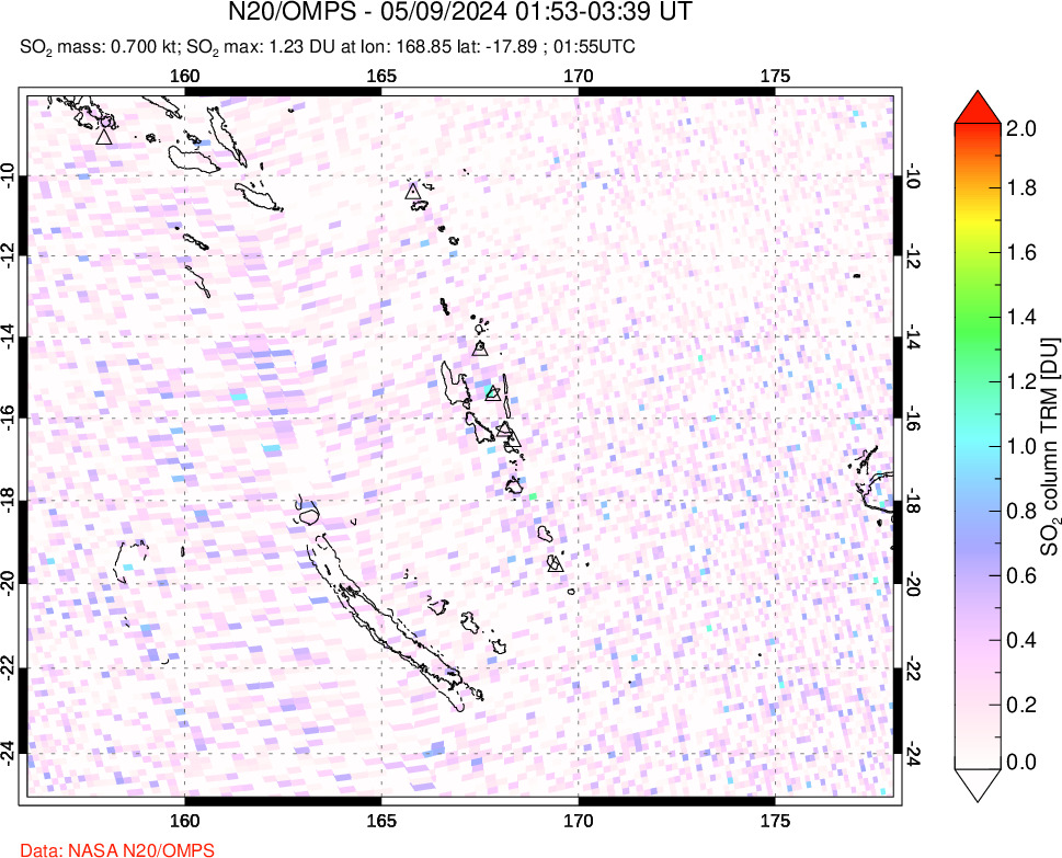 A sulfur dioxide image over Vanuatu, South Pacific on May 09, 2024.