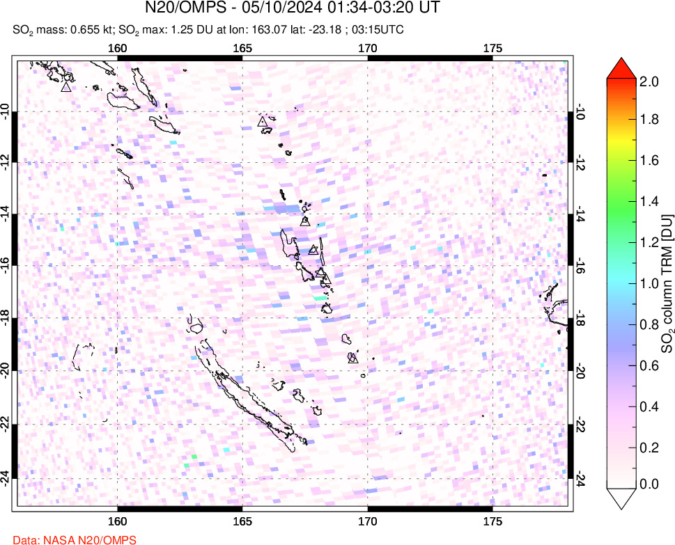 A sulfur dioxide image over Vanuatu, South Pacific on May 10, 2024.