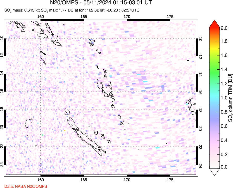 A sulfur dioxide image over Vanuatu, South Pacific on May 11, 2024.